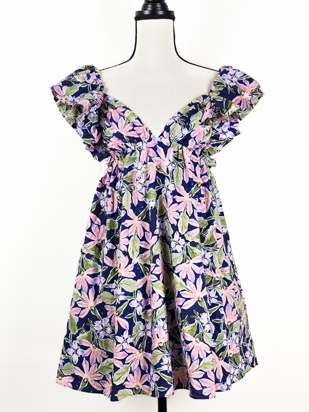 NWT Storia Navy Blue and Pink Floral Babydoll Mini Dress, Size Large